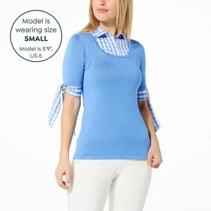 Nina Leonard Twofer Pullover Sweater with Gingham Detail - Large - Picture 1 of 3
