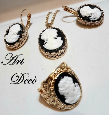 SET CAMMEO ART-DECO' COLLANA+ANELLO+ORECCHINI, PASTA-ONICE,ARGENTO/ORO GIALLO ! - Immagine 1 di 4
