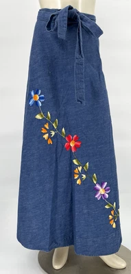 Vintage 60s 70s Hippie Folk Art Embroidered Denim Jean Maxi Length Wrap Skirt OS - Image 1 of 4