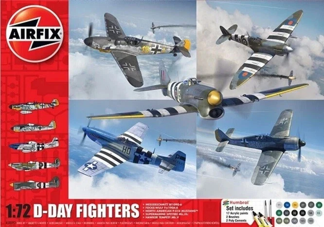AIRFIX  1:72 KIT D-DAY FIGHTERS SET 5 AEREI  + COLLA, COLORI  E PENNELLO  A50192 - Immagine 1 di 1