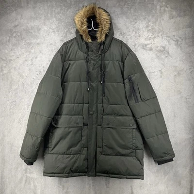 Members Only Puffer Jacket Mens 2XL Green Full Zip Pockets Faux Fur Hood Hip Hop - Image 1 of 4