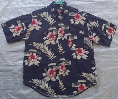 Camisa havaiana MED manga curta vintage década de 1990 estampada floral/carro - Imagem 1 de 4