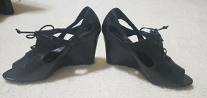 Jessica Bennett JNEO Peep Toe Wedge Lace Up Shoes Cut Out Black Size 8.5 - Picture 1 of 9