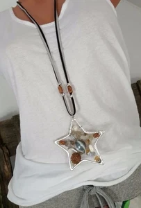 NEU LANGE HALS KETTE BIG STAR STERN LEDERBAND EDELSTEINE ACHAT & PERLE 94 CM