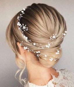 Womens Girls Wedding Hair Garland Accessory Pearl Flower Silver 39” Strand. Bin8 - Picture 1 of 9