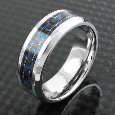 Titanium Men's Blue & Black Carbon Fiber Beveled Wedding Band Ring Sizes 9-13 - Image 1 of 3
