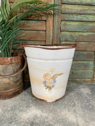 Vintage French White Rustic Hanging Enamel Milking Bucket Garden Planter Tub Cover