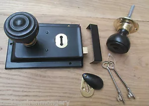 CLASSIC OLD ENGLISH RIM DOOR LOCK AND KNOB HANDLE SET- Flat Rimmed ebony + brass - Picture 1 of 1