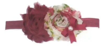 DOUBLE FLOWER  MAROON Handmade Head Band - Baby Girl Infant 3-6 months Elastic - Image 1 of 2