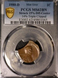 1980d ERROR PCGS MS62 Off Center + TRIPLE CLIPPED Lincoln Cent BU Coin O/C Clip - Picture 1 of 7