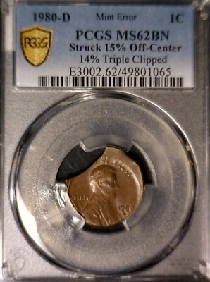 1980d ERROR PCGS MS62 Off Center + TRIPLE CLIPPED Lincoln Cent BU Coin O/C Clip - Image 1 of 4