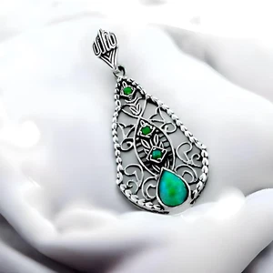 ANTIQUE STYLE 925 STERLING SILVER GREEN LAB-CREATED FIRE OPAL PENDANT #243 - Picture 1 of 2