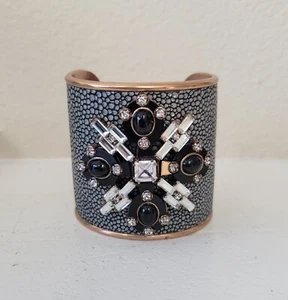 NEW Tory Burch Sting Ray Grey Leather  Multi Crystal Cuff Bracelet NWT  - Picture 1 of 7
