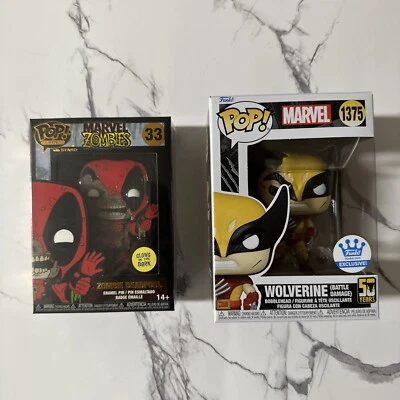 Funko Pop! DEADPOOL ZOMIE PIN (BRILLO) #33/DAÑO DE BATALLA WOLVERINE #1375: JUEGO DE 2 Foto 1 de 4
