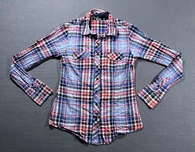 Cruel Girl Shirt Women's Small Plaid Metal Snap Western Roll Tab Long Sleeve - Image 1 of 4