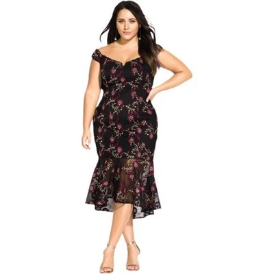 Vestido Trompeta City Chic Bordado Sirena Floral Negro Hombro Descubierto Fiesta 20 Foto 1 de 4