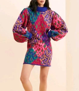 NUEVO Vestido Suéter Farm Rio Mixto Leopardo Pop S Manga Larga Estampado Animal Grueso - Imagen 1 de 23