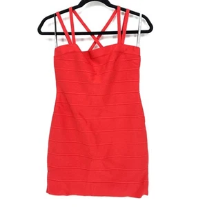 Herve Leger Mini Bandage Dress Womens Sz L Coral Poppy Criss Cross Back NEW - Picture 1 of 7