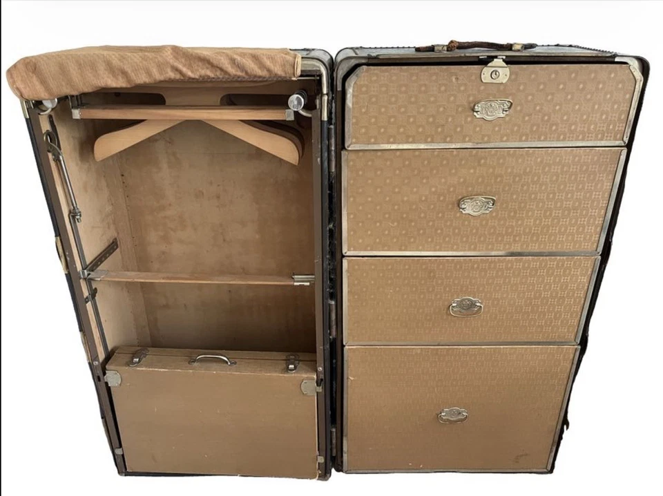 Antique Wheary Cushioned Top Vertical-Standing Wardrobe Steamer Trunk Tan, 1920s - Image 1 of 4