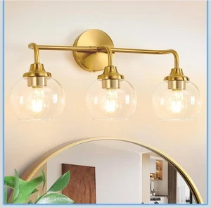 Modern 3-Light Brushed Gold Bathroom Vanity Light Clear Glass - Picture 1 of 8