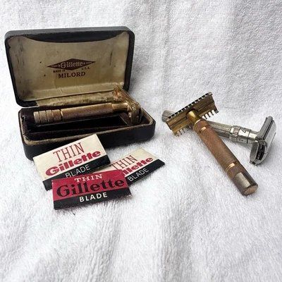 Navaja dorada Gillette Milord vintage para hombre con estuche más 2 maquinillas de afeitar adicionales de colección Foto 1 de 4