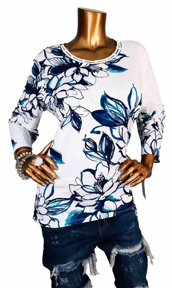 Alfred Dunner L Top NWT $59 Stretch Floral Print Studded 3/4 Sleeves Blouse Crew - Image 1 of 4