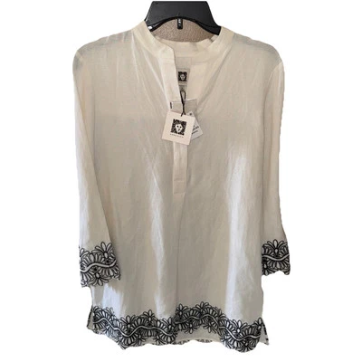 Anne Klein Linen Tunic. NWT. XS, Long Sleeves, Hidden Button Placket,  Blkcream - Image 1 of 4