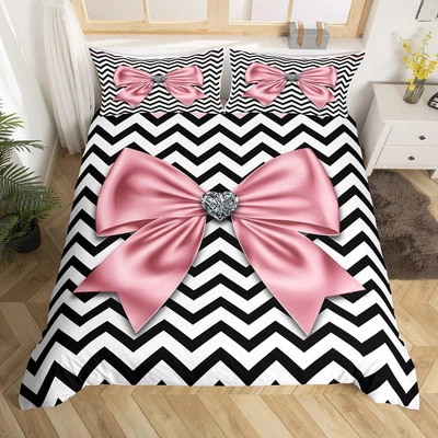 Pink Bow Duvet Cover Set King Size,Wavy Stripes 104"x90", Wws8740  - Image 1 of 4