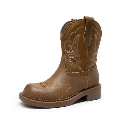 美国女式中筒靴西部靴圆头刺绣牛仔女牛仔靴 — 第 1/4 张图片