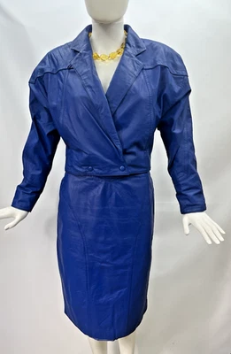De Colección Años 80 Pelle Cuir Cuero Azul Real Vestido Traje y Chaqueta Falda Conjunto Pequeño 6 Foto 1 de 4