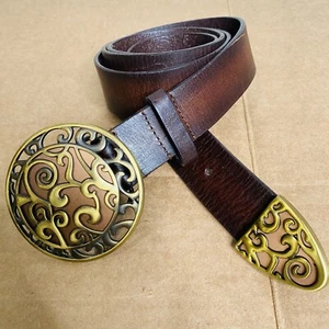 Chico's Women's Brown leather belt Brass Medallion Buckle Vtg Size 36 - Picture 1 of 9