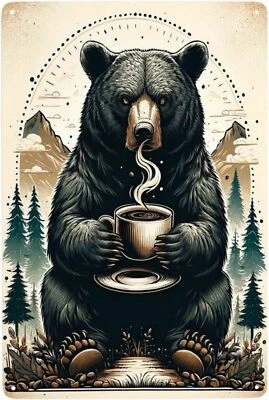 Morning Brew in the Wild Tin Metal Signs 8x12 Inches Wall Art Rustic Bear & Coff - Image 1 of 4