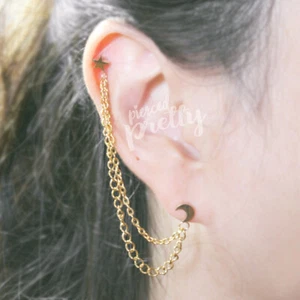 16g helix to lobe Moon Star double chain earring, Two holes chain ear studs, 1pc - Picture 1 of 6