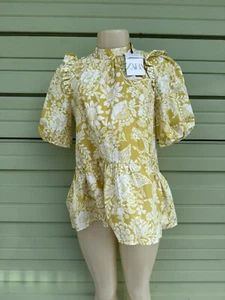New Zara Women Floral Print Ruffle Short Puff Sleeves Peplum Hem Blouse S #2424 - Picture 1 of 11
