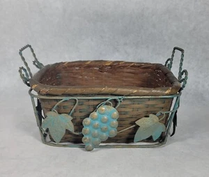 Vintage Wicker Basket With Metal Grape And Vine Accents With Handles 9"x7" - Picture 1 of 6