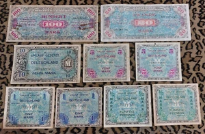 WW2 1944 GERMANY Allied Military Currency 9 AMC Banknote Lot 100, 20, 10, + Mark - Picture 1 of 2