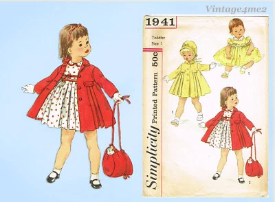 1950s Vintage Simplicity Sewing Pattern 1941 Baby Girls Dress and Coat Size 1 - Image 1 of 4