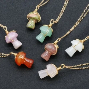1PCS Natural Crystal Stone Mushroom Chain Pendant Necklace Wire Wrapped Healing - Picture 1 of 18