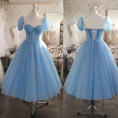 Vestidos de novia azul cielo hasta el té corsé tul vestidos de novia mangas desmontables  Foto 1 de 4