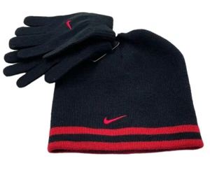 Nike Youth Boys Reversible Winter Black & Red Hat Beanie and Gloves 2 Piece Set - Picture 1 of 3