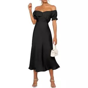 KIRUNDO 2024 Satin Midi Dress Off Shoulder Wrap Ruched, Slim Fit, XL (16) - Picture 1 of 10