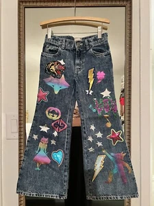 Gucci Girls 6Y Flared Jeans w Patches vintage Bell Bottom Cut Sequined Appliqué - Picture 1 of 11