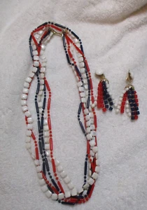 VNTG. Plastic Hong Kong Red White Blue Necklace & Dangle Earring Set ~ Patriotic - Picture 1 of 1
