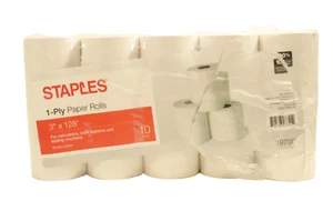 Staples 10 White Paper Rolls 1 Ply Calculator Cash Register Adding Machine 3x128 - Picture 1 of 5