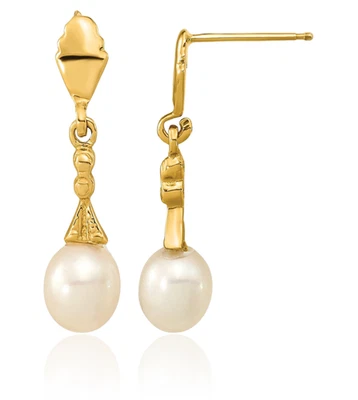 14K Solid Yellow Gold 5mm White Teardrop Freshwater Cultured Pearl Dangle ... - Image 1 of 4