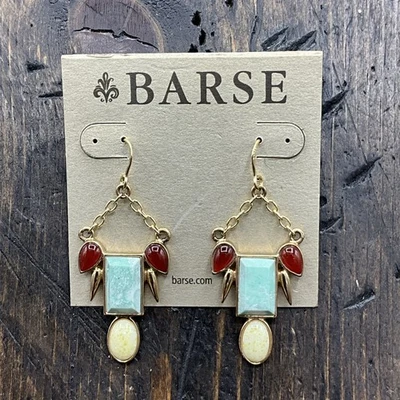 Barse Albion Earrings- Carnelian, Varacite & Yellow Jade- Bronze- NWT - Image 1 of 4