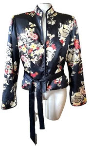 MSK Black Red White Flower Satin Belted Kimono Jacket Blazer Sz M Women Bg 63 - Picture 1 of 3