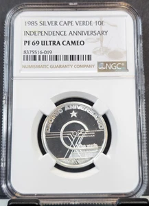 1985 CAPE VERDE SILVER 10 ESCUDOS INDEPENDENCE NGC PF 69 ULTRA CAMEO TOP POP - Picture 1 of 3