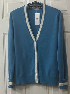 NWT $750 HADLEIGH S 100% Cashmere Italy Sz IT44 US 8 Cardigan Sweater Teal/Cream - Picture 1 of 13