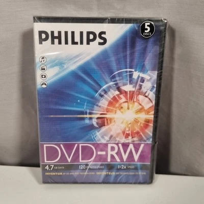 Philips DVD‑RW 4.7 GB 120 Min 1‑2× Certified Speed • 5 Disc Pack • Brand New - Image 1 of 4